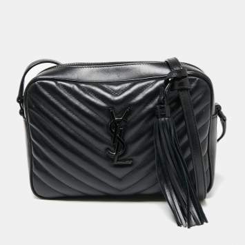 Pre Owned Saint Laurent Black Matelassé Leather Monogram Lou Camera Crossbody Bag