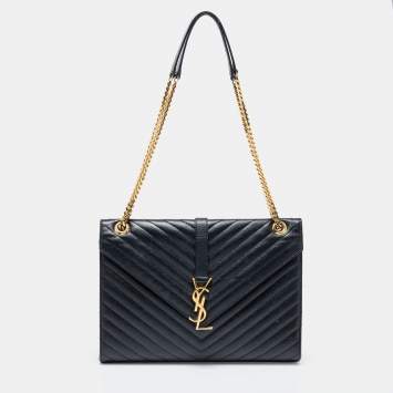 Pre Owned Saint Laurent Black Chevron Quilted Leather Monogram Envelope Shoulder Bag