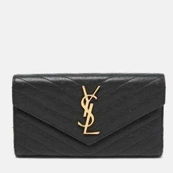 Pre Owned Saint Laurent Dark Green Chevron Leather Cassandre Continental Wallet