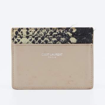 Pre Owned Saint Laurent Beige/Black Python Embossed and Leather Card Holder    