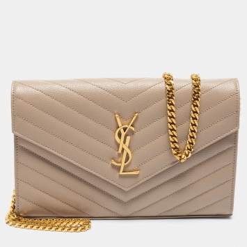 Pre Owned Saint Laurent Beige Matelassé Leather Monogram Envelope Wallet on Chain