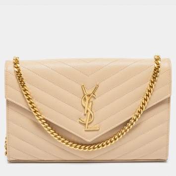 Pre Owned Saint Laurent Beige Matelasse Leather Monogram Chain Clutch