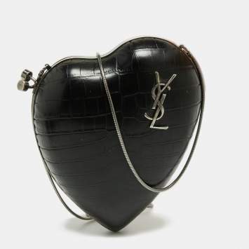 Pre Owned Saint Laurent Black Croc Embossed Leather Love Box Chain Clutch