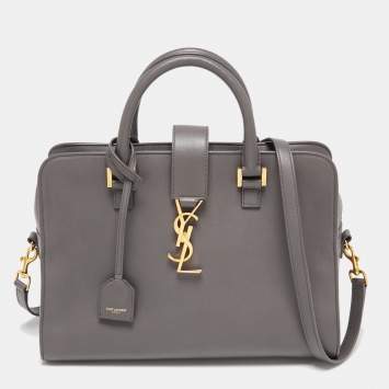 Pre Owned Saint Laurent Grey Leather Small Monogram Cabas Tote