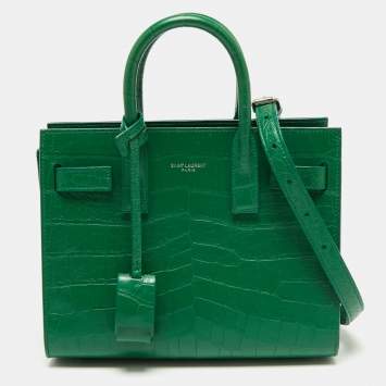 Pre Owned Saint Laurent Green Croc Embossed Leather Nano Classic Sac De Jour Tote