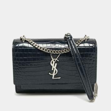 Pre Owned Saint Laurent Navy Blue Croc Embossed Leather Mini Sunset Chain Bag