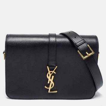Pre Owned Saint Laurent Black Textured Leather Medium Monogram Universite Shoulder Bag