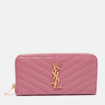 مملوكة مسبقًا Saint Laurent Pink Matelassé Leather Cassandre Zip Around Wallet