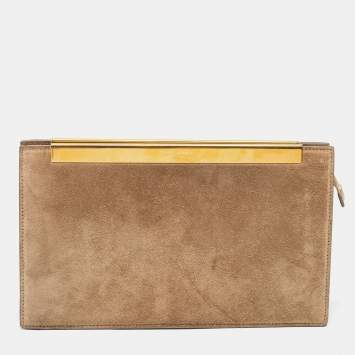 Pre Owned Saint Laurent Beige Suede Lutetia Metal Frame Clutch
