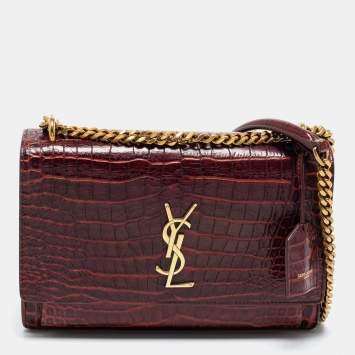 Pre Owned Saint Laurent Rust Croc Embossed Leather Medium Sunset Shoulder Bag