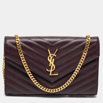 Pre Owned Saint Laurent Burgundy Matelassé Leather Monogram Envelope Wallet on Chain