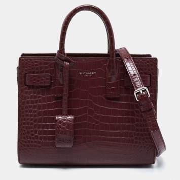 Pre Owned Saint Laurent Burgundy Croc Embossed Leather Nano Classic Sac De Jour Tote