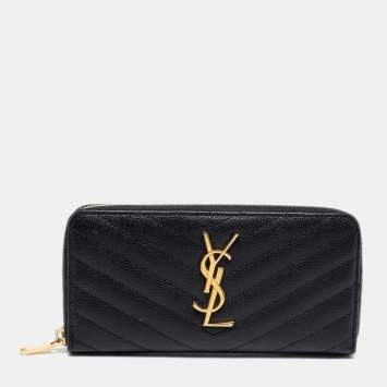 Pre Owned Saint Laurent Black Leather Monogram Zip Around Wallet
