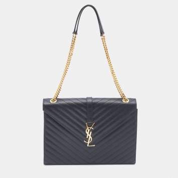 Pre Owned Saint Laurent Black Matelassé Leather Large Monogram Envelope Shoulder Bag