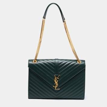 Pre Owned Saint Laurent Green Matelassé  Leather Monogram Envelope Shoulder Bag