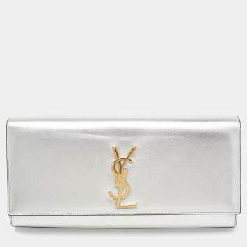 Pre Owned Saint Laurent Silver Leather Cassandre Clutch