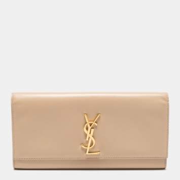 Pre Owned Saint Laurent Beige Leather Monogram Kate Clutch