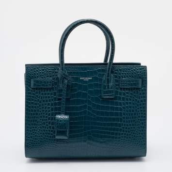 Pre Owned Saint Laurent Green Croc Embossed Leather Baby Classic Sac De Jour Tote