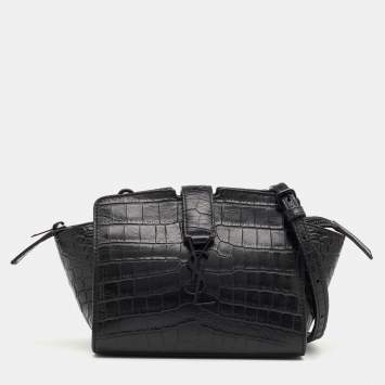 Pre Owned Saint Laurent Black Croc Embossed Leather Toy Cabas Crossbody Bag