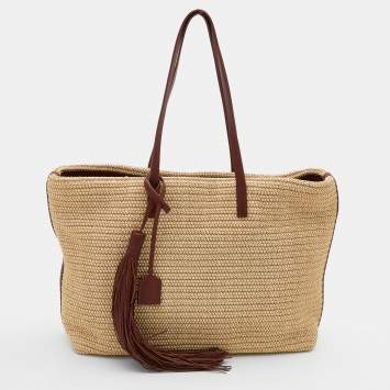 Pre Owned Saint Laurent Beige/Brown Woven Raffia And Leather Tassel Tote