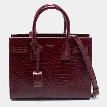 Pre Owned Saint Laurent Burgundy Croc Embossed Leather Baby Classic Sac De Jour Tote