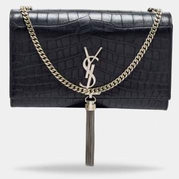 Pre Owned Saint Laurent Black Croc Embossed Medium Kate Tassel Shoulder Bag