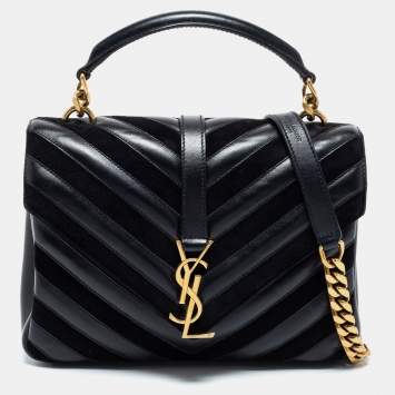 Pre Owned Saint Laurent Black Matelassé Leather and Suede Medium College Top Handle Bag