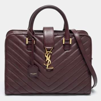 Pre Owned Saint Laurent Burgundy Matelassé Leather Small Monogram Cabas Tote