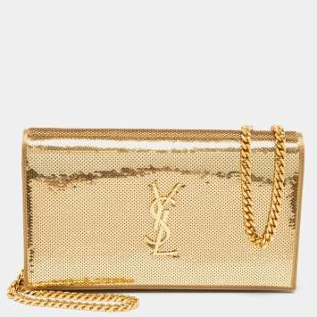 مملوكة مسبقًا Saint Laurent Gold Sequin and Satin Monogram Wallet On Chain