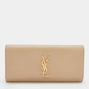 Pre Owned Saint Laurent Beige Leather Monogram Cassandre Clutch