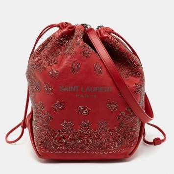 Pre Owned Saint Laurent Red Leather Teddy Bandana Drawstring Shoulder Bag