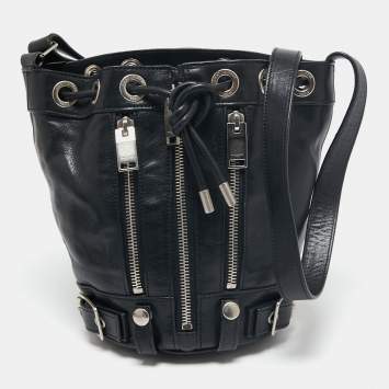 Pre Owned Saint Laurent Black Leather Rider Bucket Bag