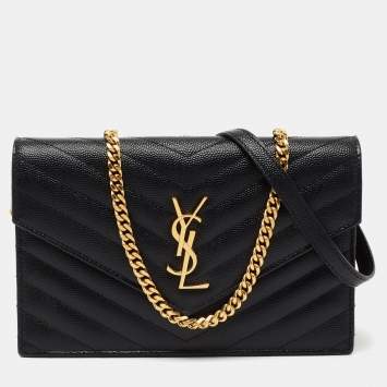 Pre Owned Saint Laurent Black Matelassé Leather Monogram Envelope Wallet on Chain