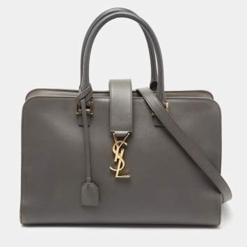 Pre Owned Saint Laurent Grey Leather Monograme Cabas Tote