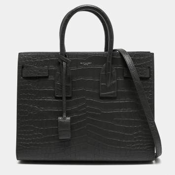 Pre Owned Saint Laurent Grey Dark Croc Embossed Leather Small Classic Sac De Jour Tote