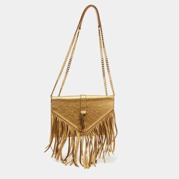 Pre Owned Saint Laurent Metallic Gold Leather And Suede Small Fringe Envelope Shoulder Bag