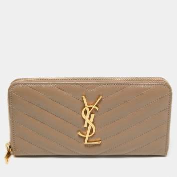 مملوكة مسبقًا Saint Laurent Beige Matelassé Leather Monogram Zip Around Wallet