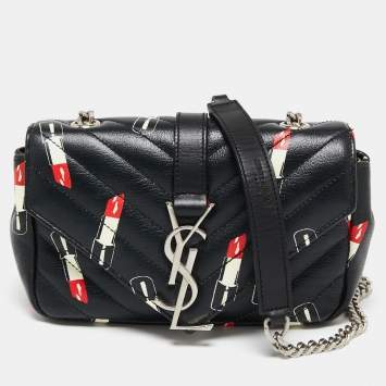 Pre Owned Saint Laurent Black Matelassé Lipstick Print Leather Baby Monogram Crossbody Bag