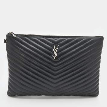 Pre Owned Saint Laurent Black Matelassé Leather Monogram Zip Pouch
