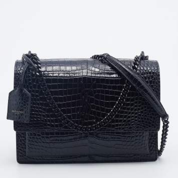 Pre Owned Saint Laurent Black Croc Embossed Leather Medium Sunset Shoulder Bag