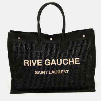 Pre Owned Saint Laurent Black Raffia and Canvas Rive Gauche Tote