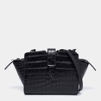Pre Owned Saint Laurent Black Croc Embossed Leather  Cabas Shoulder Bag