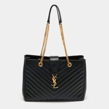 Pre Owned Saint Laurent Black Matelasse Leather Cassandre Shopper Tote