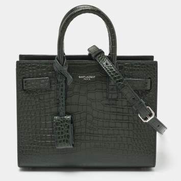 Pre Owned Saint Laurent Green Croc Embossed Leather Nano Classic Sac De Jour Tote