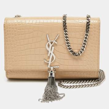 Pre Owned Saint Laurent Beige Croc Embossed Leather Small Kate Crossbody Bag