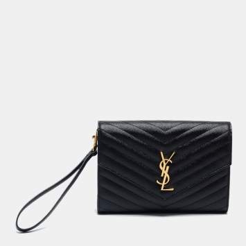 Pre Owned Saint Laurent Black Matelassé Leather Cassandre Wristlet Pouch