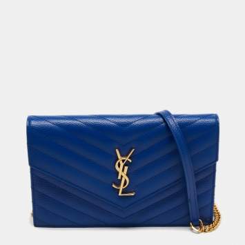 مملوكة مسبقًا Saint Laurent Blue Matelassé Leather Monogram Envelope Wallet on Chain