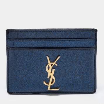 مملوكة مسبقًا Saint Laurent Blue Glitter Patent Leather Monogram Card Holder