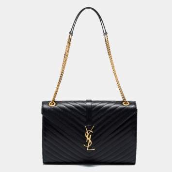 Pre Owned Saint Laurent Black Matelasse Leather Large Monogram Envelope Shoulder Bag
