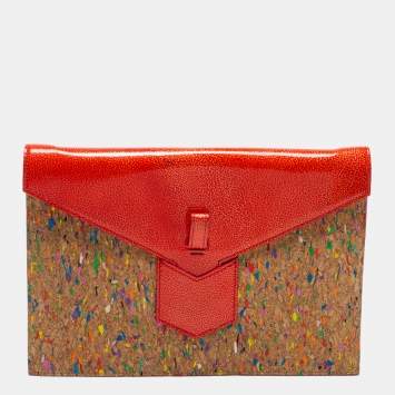 Pre Owned Saint Laurent Beige/Red Patent and Leather Clutch